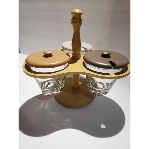 MCM Wood and Glass Retro 60S Lazy Susan Condiment Server Lids - Picture 3 of 10
